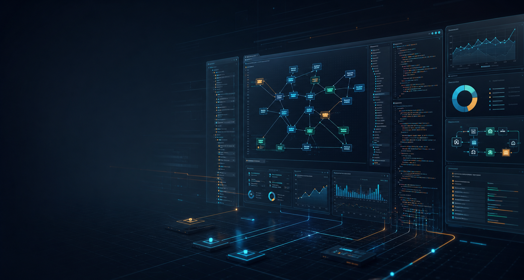 Abstract AI engineering intelligence dashboard with repository maps, system signals, and operational insight